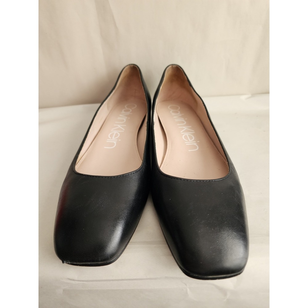 Calvin Klein Black Leather Square Toe Ballet Flats Silver CK Logo Size 11M